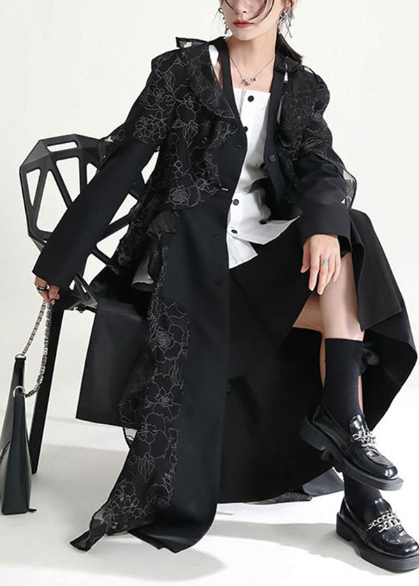Black Asymmetrical Ruffled Patchwork Tulle Trench Coats Fall