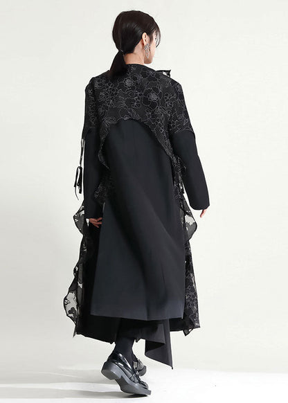 Black Asymmetrical Ruffled Patchwork Tulle Trench Coats Fall