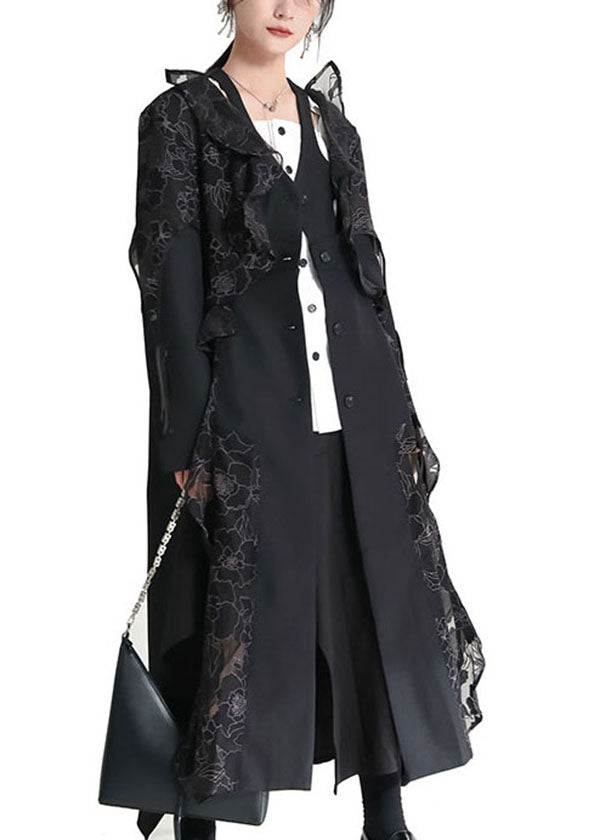 Black Asymmetrical Ruffled Patchwork Tulle Trench Coats Fall