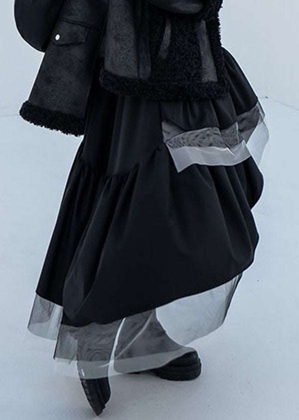 Black Asymmetrical Tulle Patchwork Elastic Waist Cotton a Line Skirt Summer