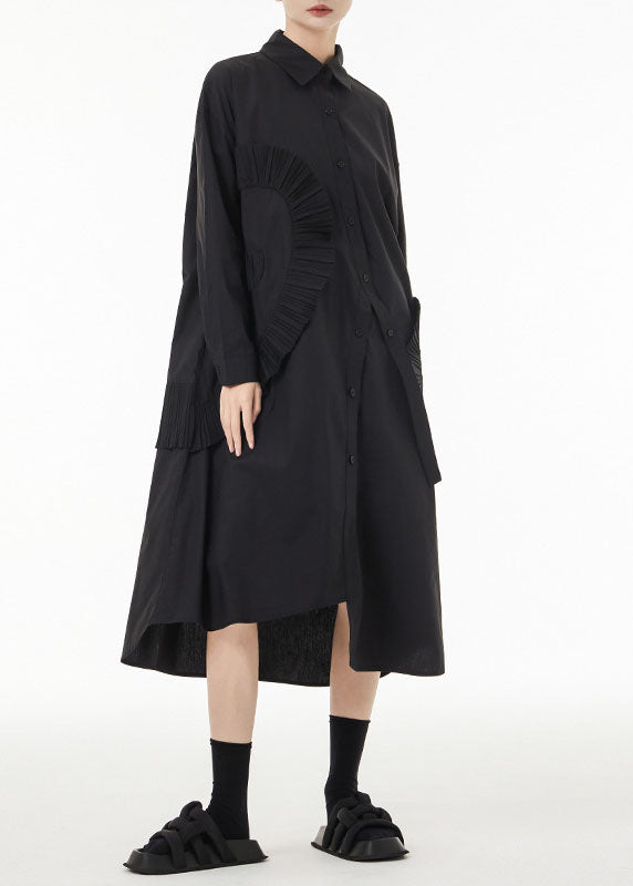 Black Asymmetrical Wrinkled Cotton Robe Dresses Spring
