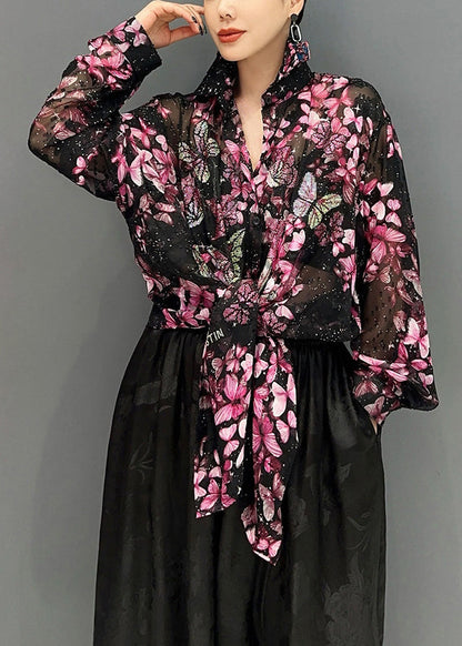 Chic Black Base Butterfly Floral Chiffon Shirt Tops Fall
