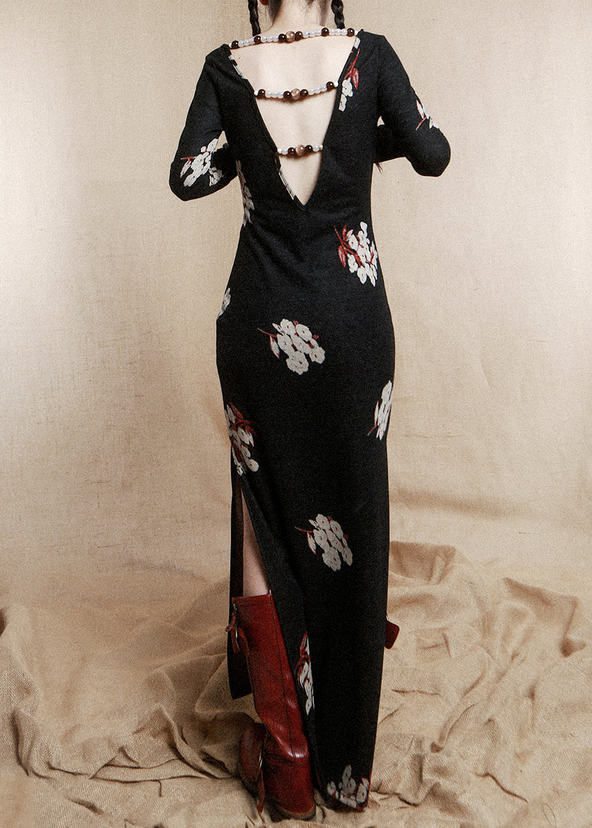 Black Beading Wear on Both Sides Cotton Dress Long Sleeve