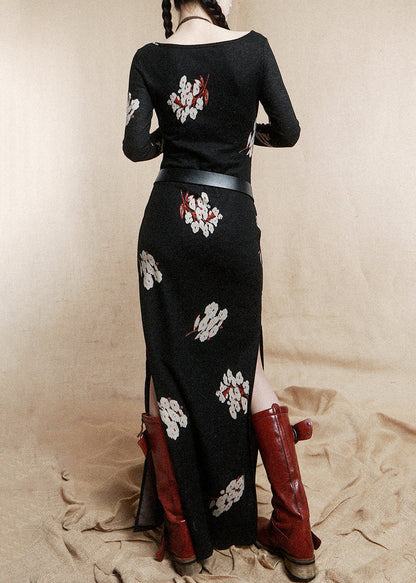 Black Beading Wear on Both Sides Cotton Dress Long Sleeve