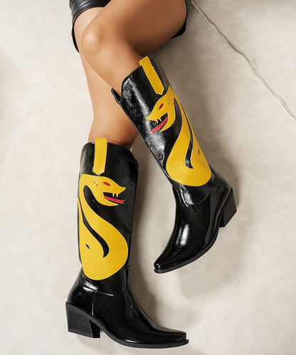 Black Boots Chunky Faux Leather Splicing Pointed Toe