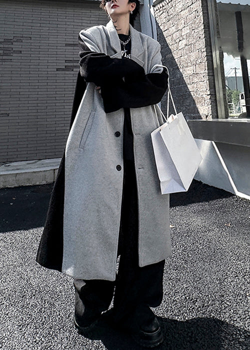 Black Button Pockets Patchwork Woolen Trench Coats Winter