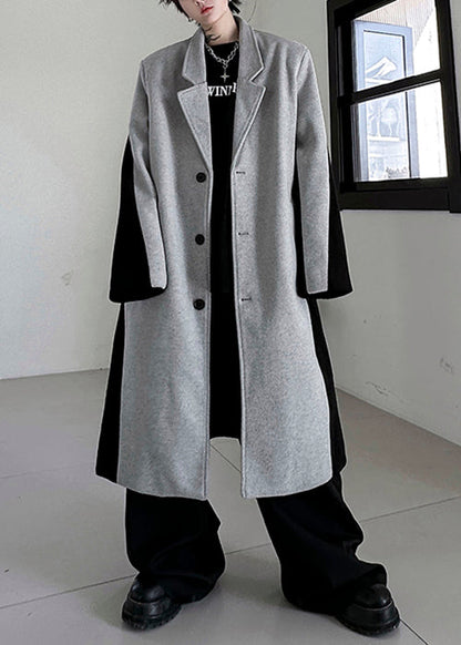 Black Button Pockets Patchwork Woolen Trench Coats Winter