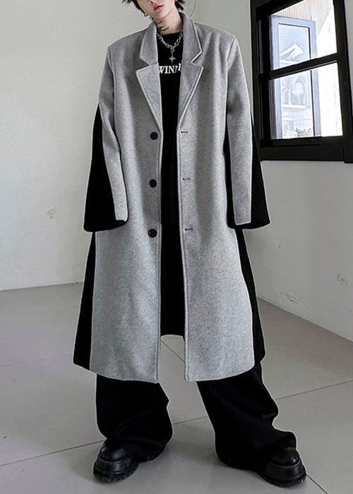 Black Button Pockets Patchwork Woolen Trench Coats Winter