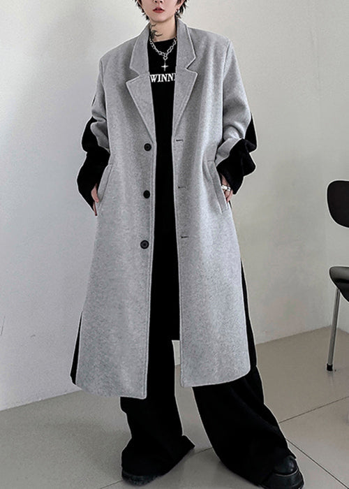 Black Button Pockets Patchwork Woolen Trench Coats Winter