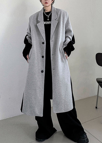 Black Button Pockets Patchwork Woolen Trench Coats Winter