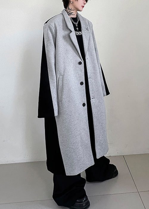 Black Button Pockets Patchwork Woolen Trench Coats Winter
