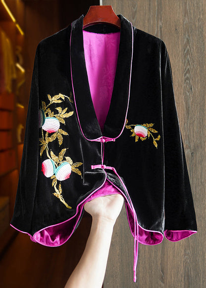 Black Chinese Button Embroideried Silk Velour Coats Long Sleeve