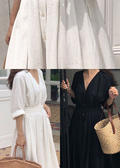 Black Cinched Button Cotton Dress Spring