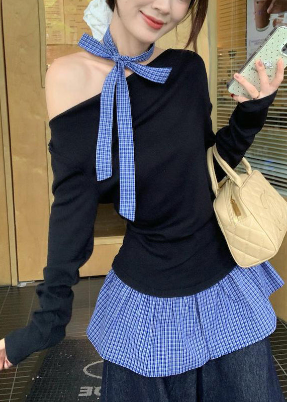 Black Cold Shoulder Plaid Patchwork Cotton T Shirts Fall