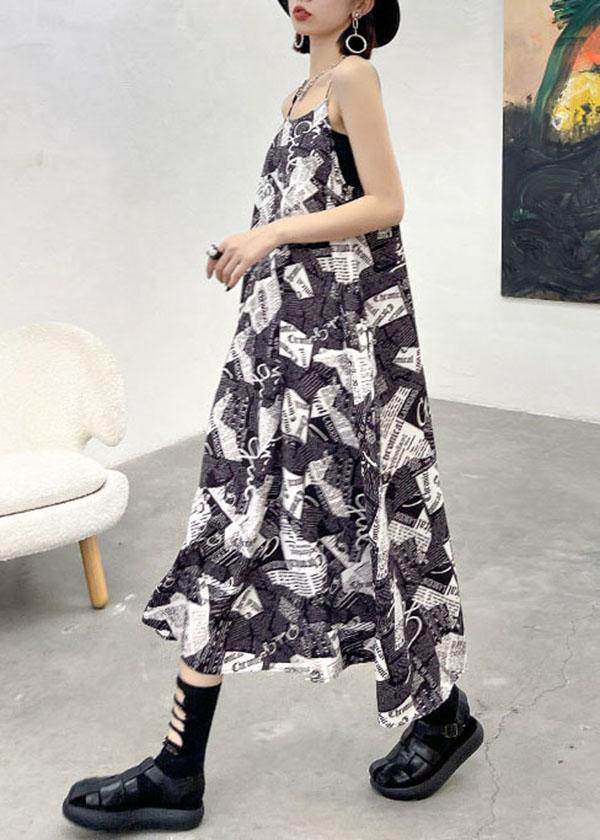 Black Cold Shoulder Print Side Open Cotton Sleeveless Summer Maxi Dress