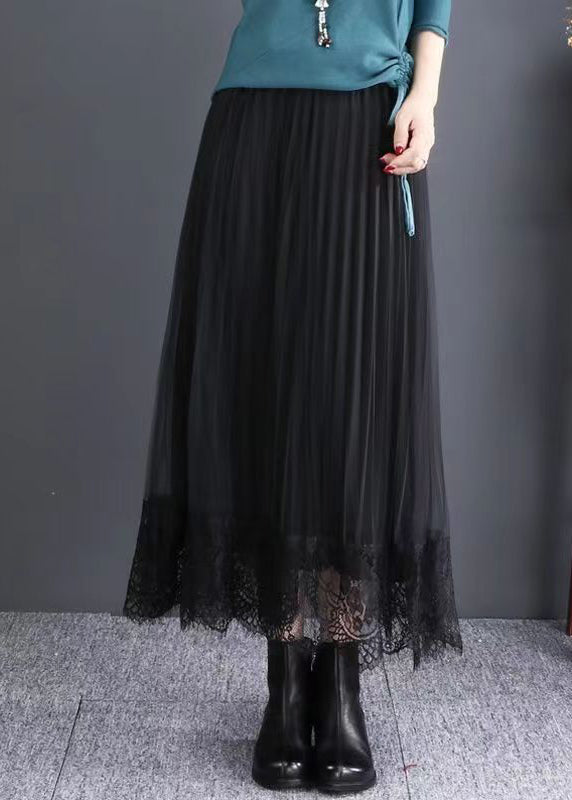 Black Elastic Waist Lace Patchwork Tulle Skirts Fall