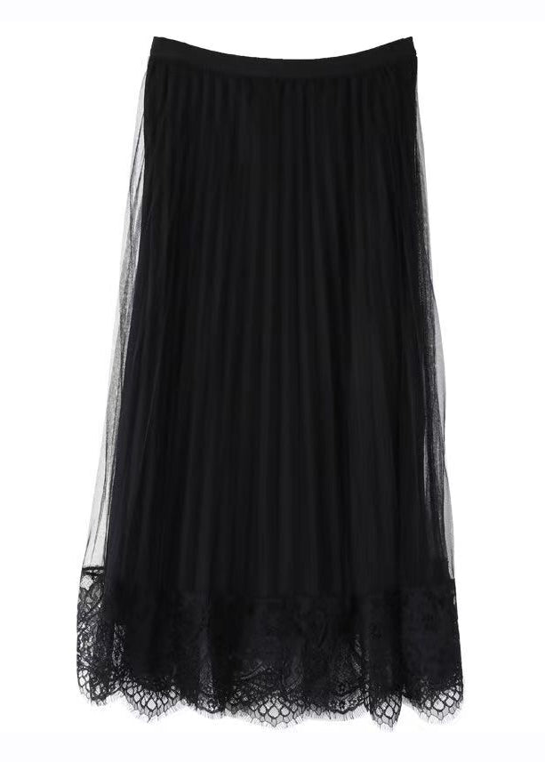 Black Elastic Waist Lace Patchwork Tulle Skirts Fall