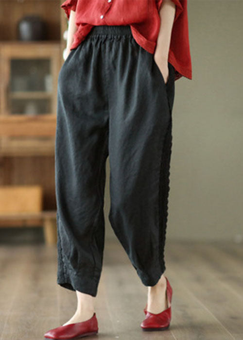 Black Elastic Waist Patchwork Lace Linen Harem Pants Spring