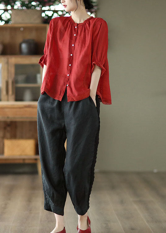 Black Elastic Waist Patchwork Lace Linen Harem Pants Spring