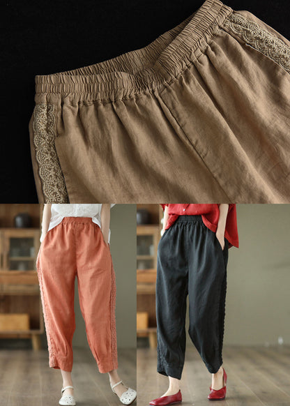 Black Elastic Waist Patchwork Lace Linen Harem Pants Spring