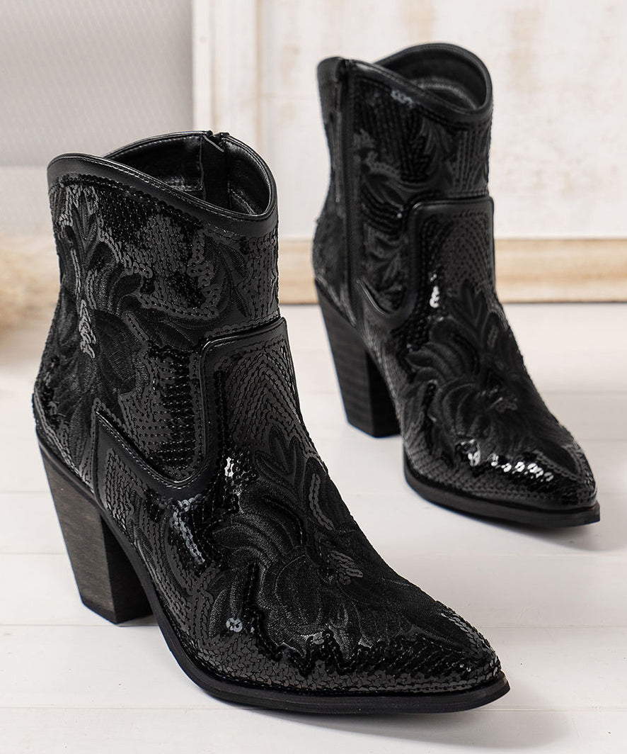 Black Embossed Sequins Cotton Fabric Chunky Ankle Boots