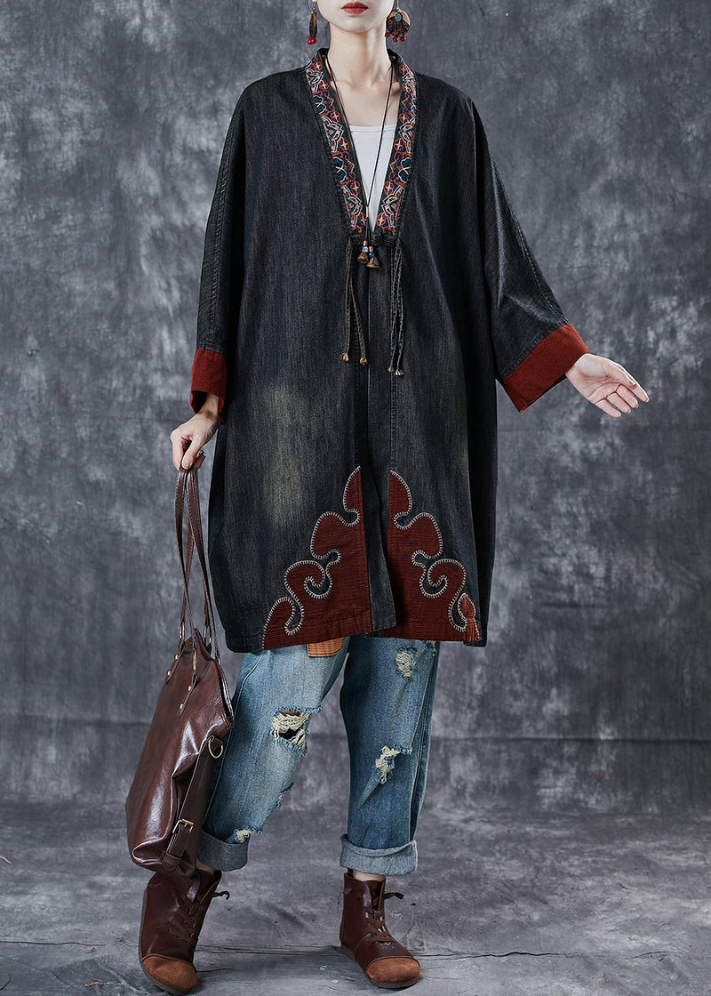Black Embroidered Patchwork Denim Coats Spring