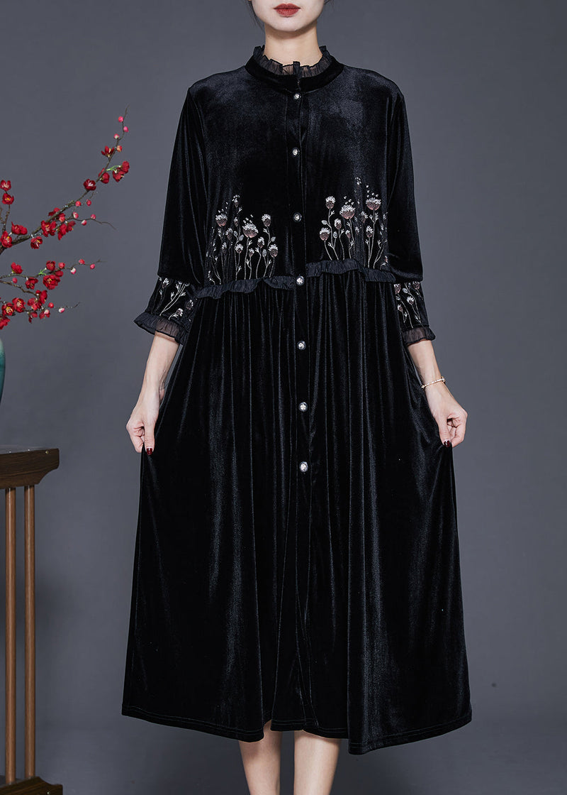 Black Embroidered Patchwork Ruffled Silk Velvet Dress Bracelet Sleeve