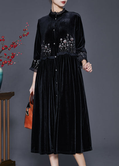 Black Embroidered Patchwork Ruffled Silk Velvet Dress Bracelet Sleeve