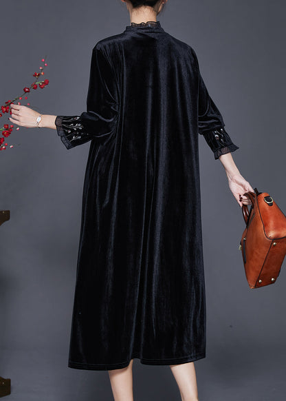 Black Embroidered Patchwork Ruffled Silk Velvet Dress Bracelet Sleeve