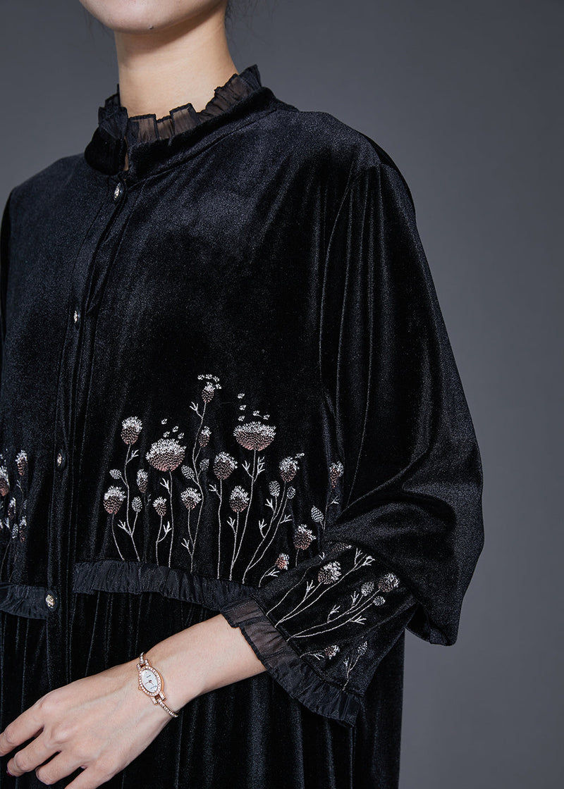 Black Embroidered Patchwork Ruffled Silk Velvet Dress Bracelet Sleeve