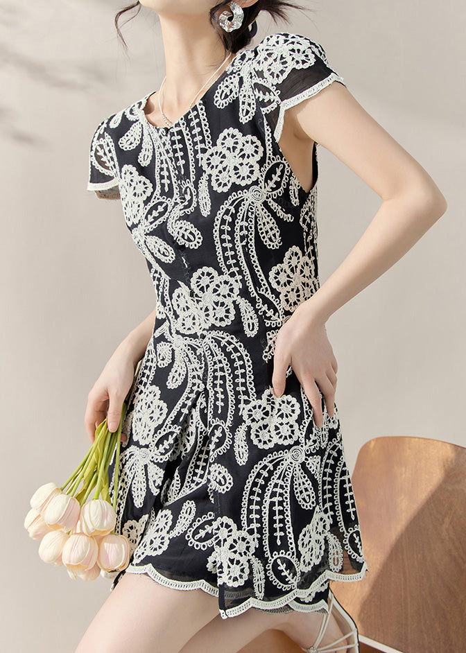 Black Embroidered Side Open Top and Shorts Two Piece Set Summer