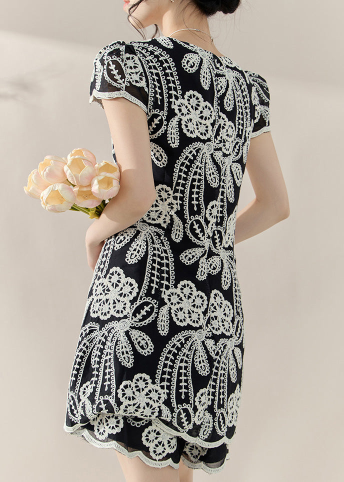 Black Embroidered Side Open Top and Shorts Two Piece Set Summer