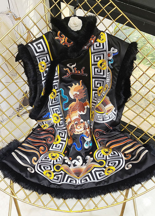 Black Embroideried Fine Cotton Filled Winter Vest