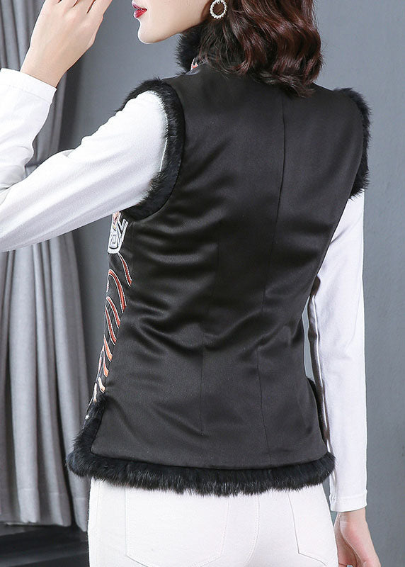 Black Embroideried Fine Cotton Filled Winter Vest