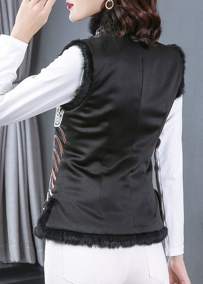 Black Embroideried Fine Cotton Filled Winter Vest