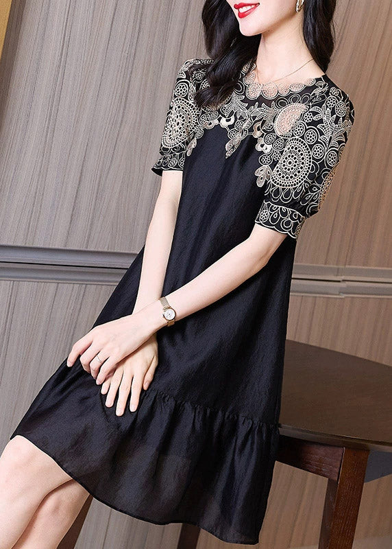 Black Embroideried O-neck Hollow Out Long Dresses Short Sleeve