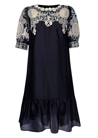 Black Embroideried O-neck Hollow Out Long Dresses Short Sleeve