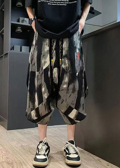 Black Embroideried Pockets Cotton Summer Crop Pants