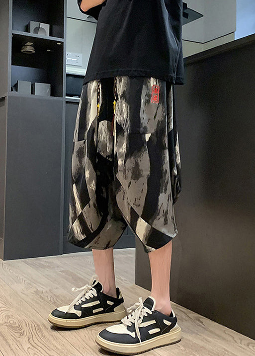 Black Embroideried Pockets Cotton Summer Crop Pants