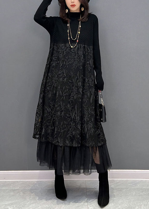 Black Embroideried Tulle Patchwork Knit Dresses Winter