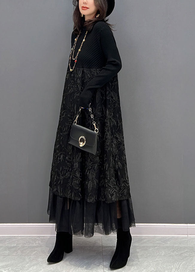 Black Embroideried Tulle Patchwork Knit Dresses Winter
