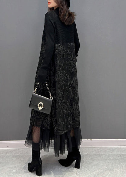 Black Embroideried Tulle Patchwork Knit Dresses Winter