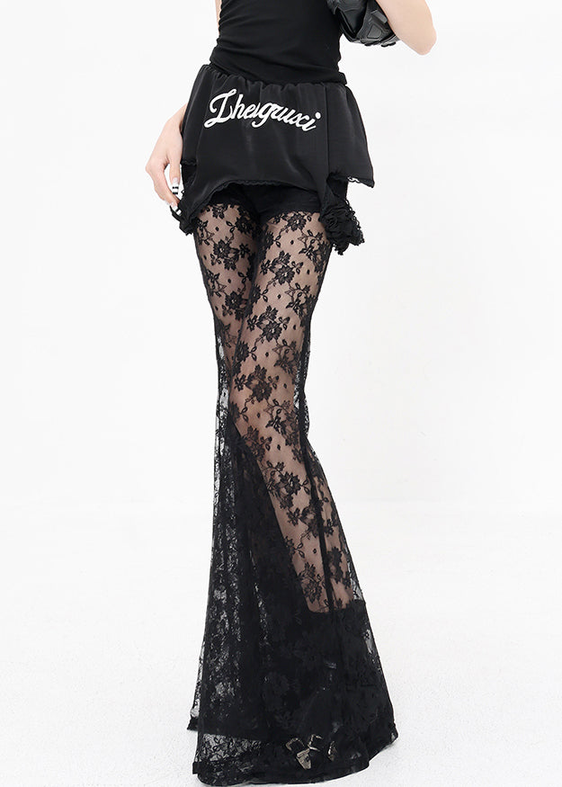 Black False Two Pieces Patchwork Lace Flared Trousers Summer