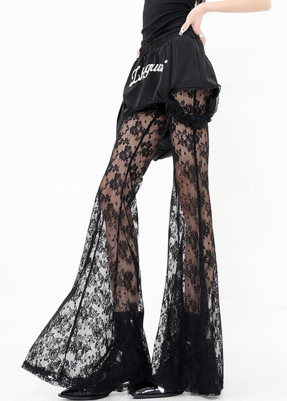 Black False Two Pieces Patchwork Lace Flared Trousers Summer