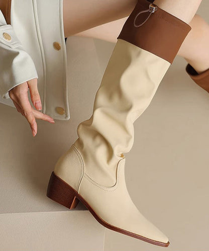 Black Faux Leather Splicing Chunky Knee Boots