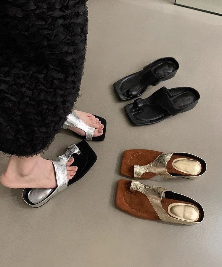 Black Faux Leather Splicing Chunky Thong Sandals