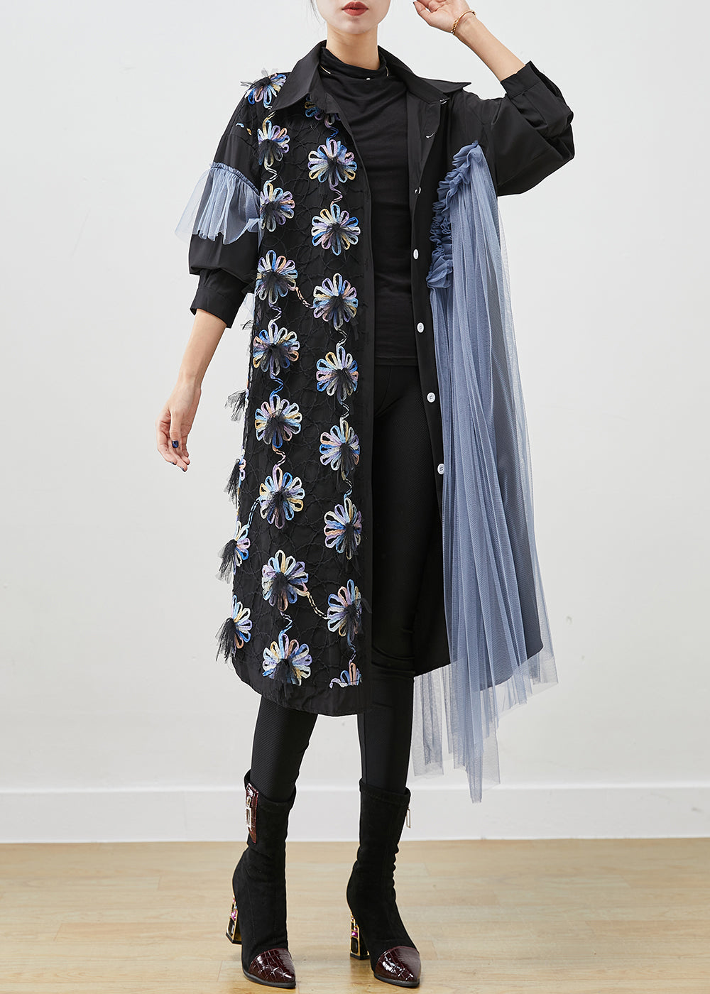 Black Ruffled Patchwork Tulle Cotton Shirt Dress Fall