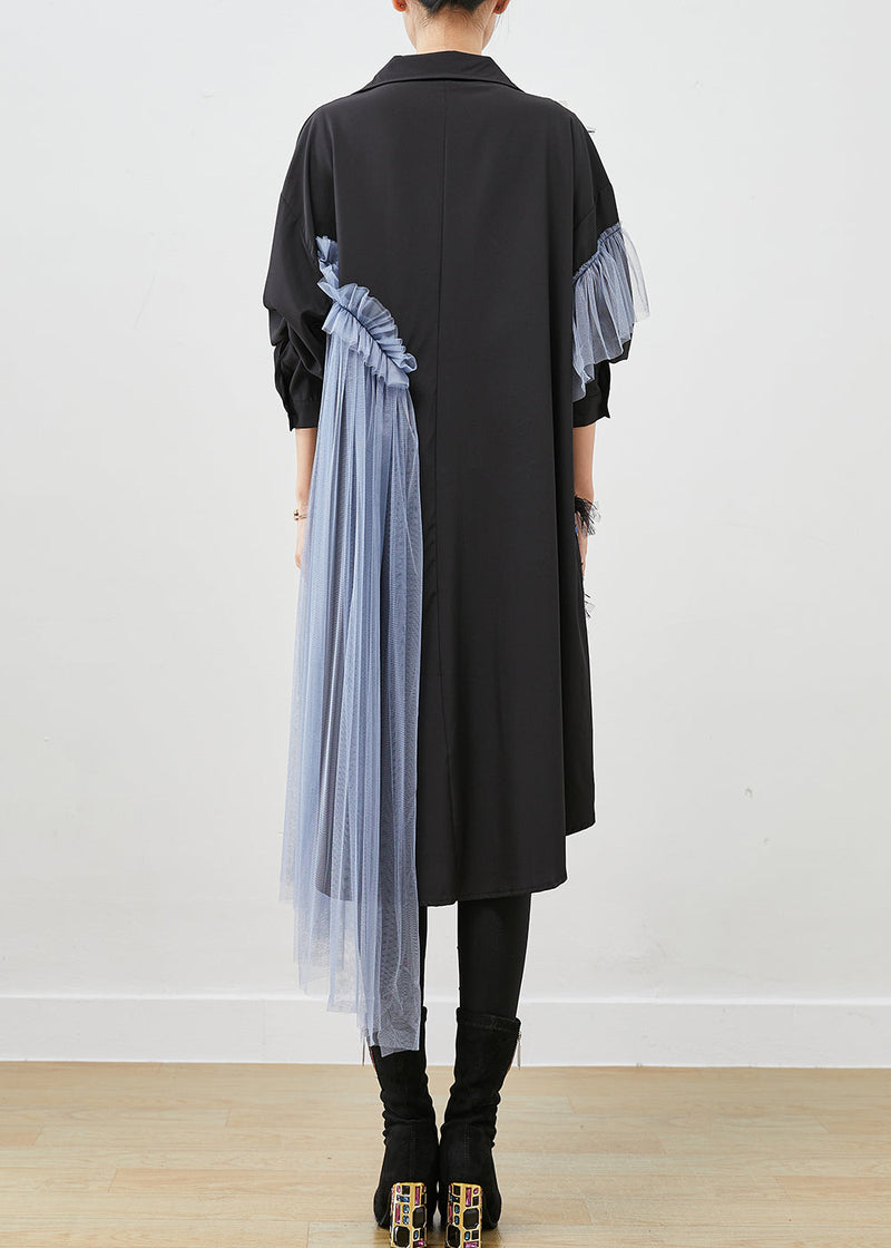 Black Ruffled Patchwork Tulle Cotton Shirt Dress Fall