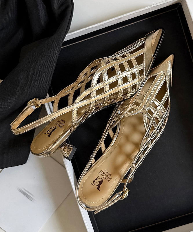 Black High Heel Cowhide Leather Hollow Out Splicing Sandals
