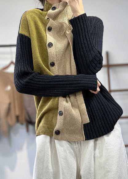 Black High Neck Asymmetrical Design Knit Sweater Tops Winter
